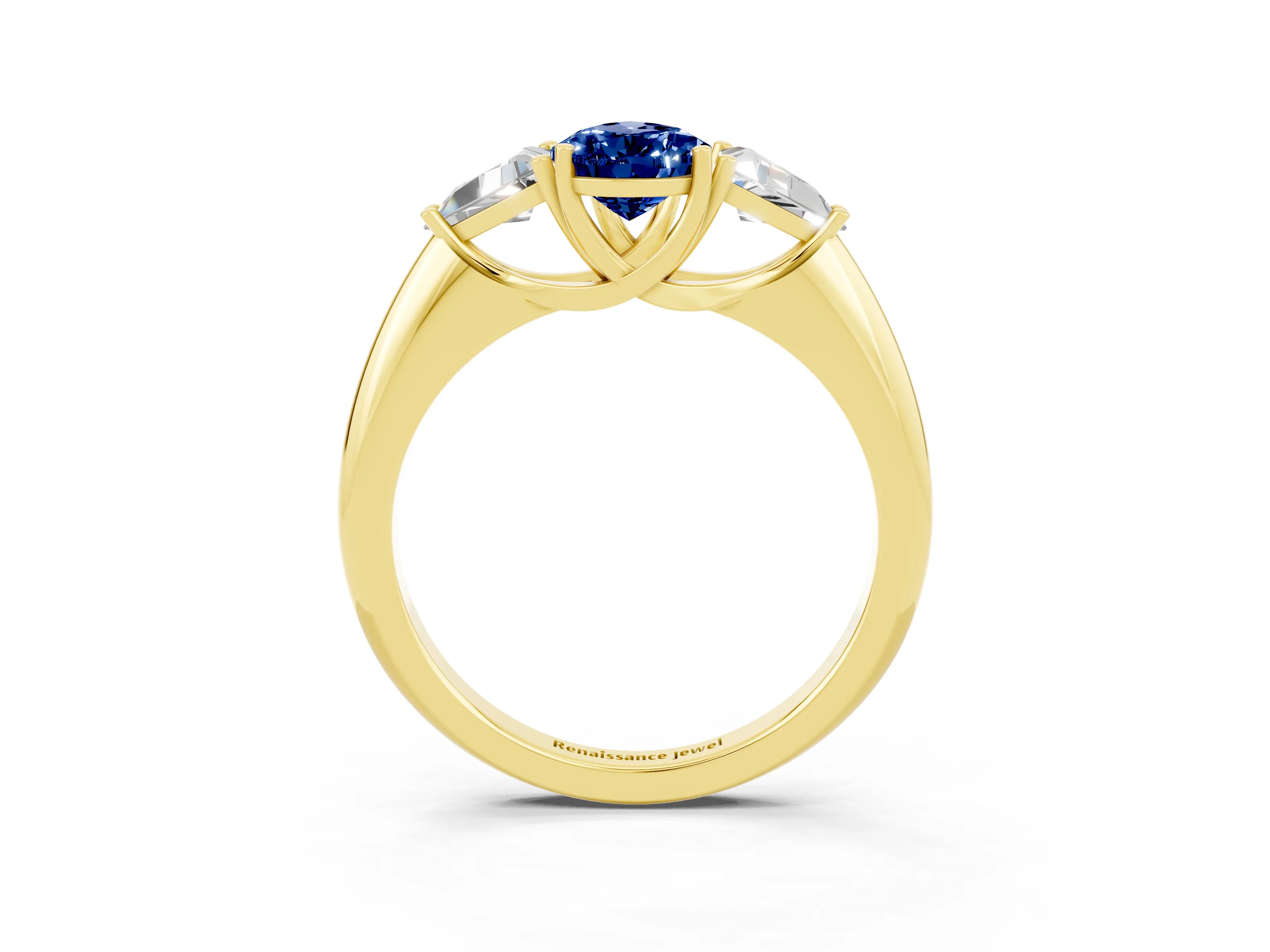 Yellow gold Three-Stone Pear Cut Cut Diamond Ring with Trillion Side Stones and Four-Prong Setting_3