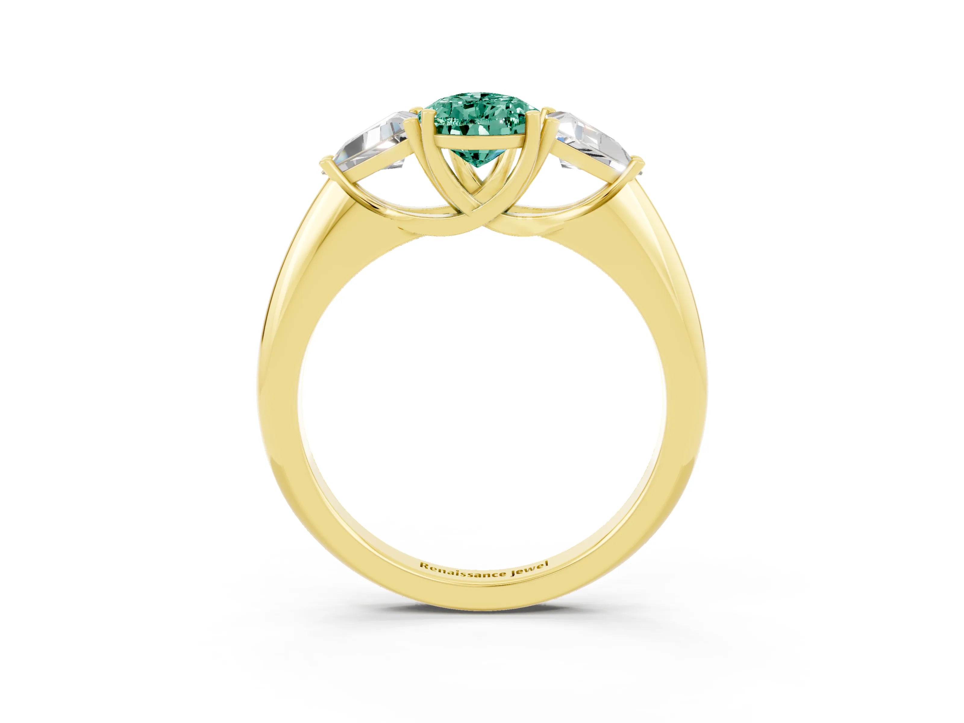 Yellow gold Three-Stone Pear Cut Cut Diamond Ring with Trillion Side Stones and Four-Prong Setting_3