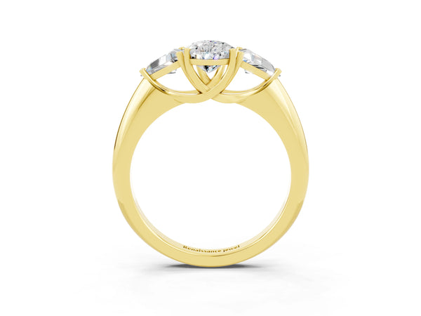 Yellow gold Three-Stone Pear Cut Moissanite Engagement Ring with Trillion Side Stones and Prong Setting