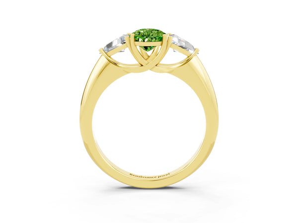 Yellow gold Three-Stone Pear Cut Cut Diamond Ring with Trillion Side Stones and Four-Prong Setting
