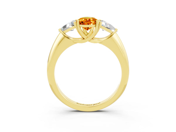 Yellow gold Three-Stone Pear Cut Citrine Engagement Ring with Trillion Side Stones and Prong Setting