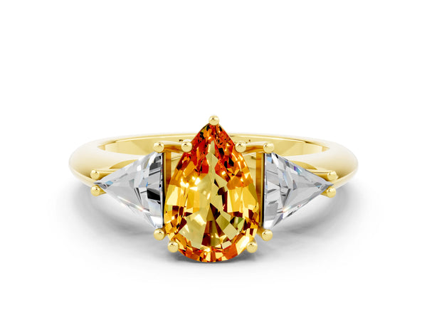 Yellow gold Three-Stone Pear Cut Citrine Engagement Ring with Trillion Side Stones and Prong Setting