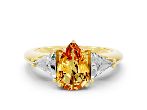 Yellow gold Three-Stone Pear Cut Cut Diamond Ring with Trillion Side Stones and Four-Prong Setting
