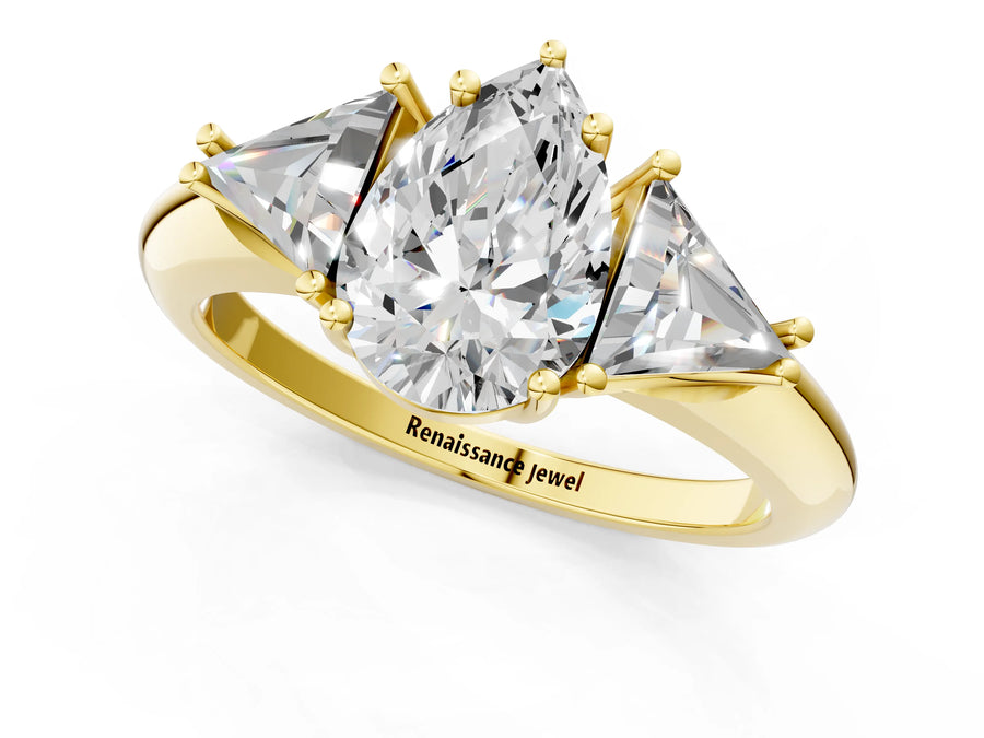 Yellow gold Three-Stone Pear Cut Cut Diamond Ring with Trillion Side Stones and Four-Prong Setting