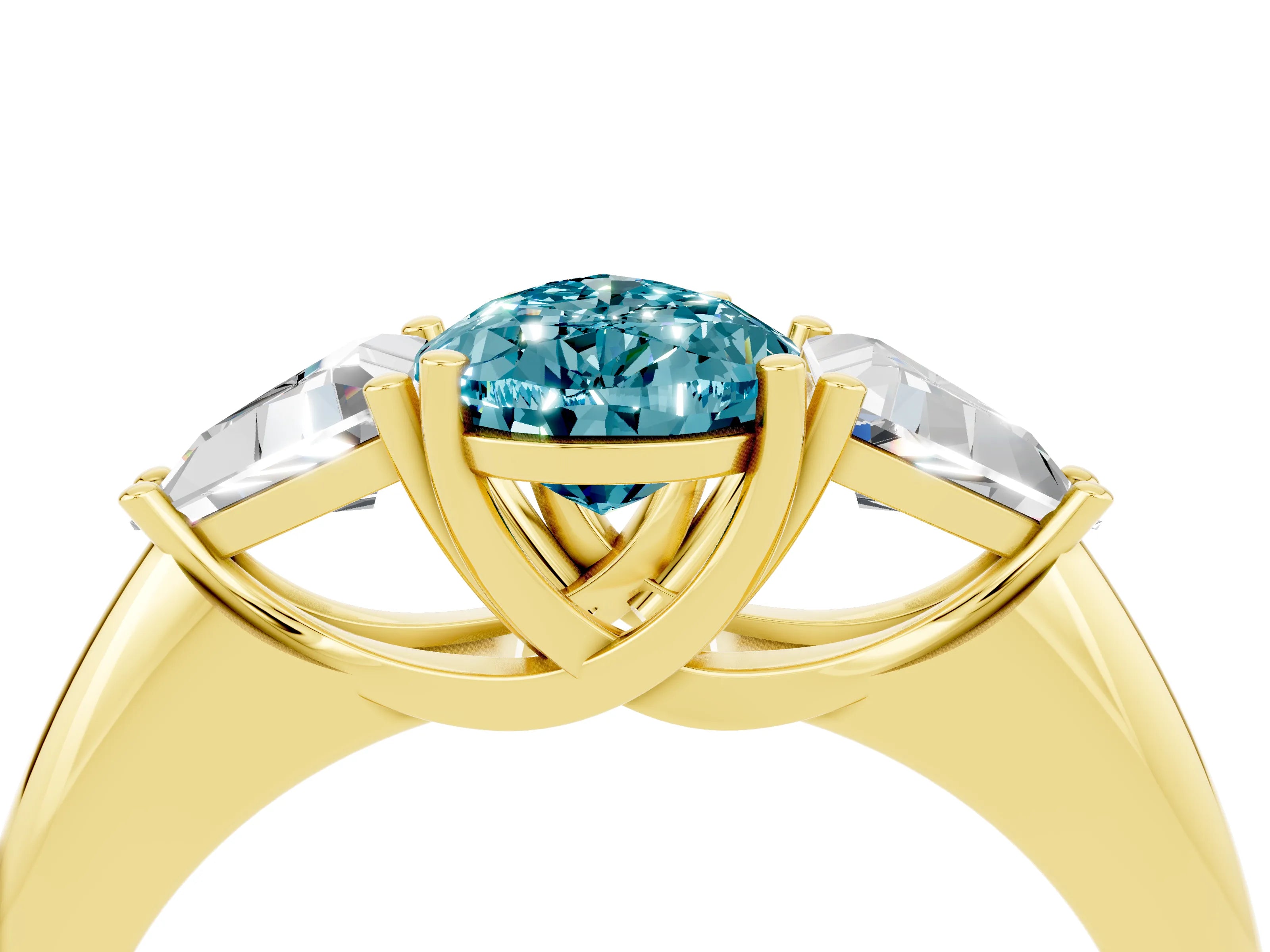 Yellow gold Three-Stone Pear Cut Cut Diamond Ring with Trillion Side Stones and Four-Prong Setting_4
