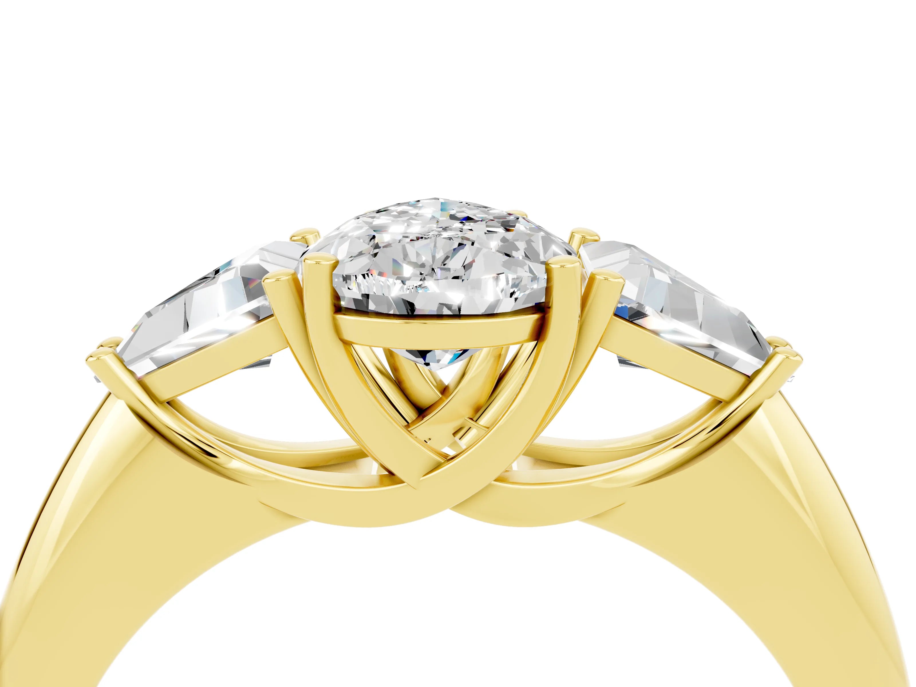 Yellow gold Three-Stone Pear Cut Cut Diamond Ring with Trillion Side Stones and Four-Prong Setting_4