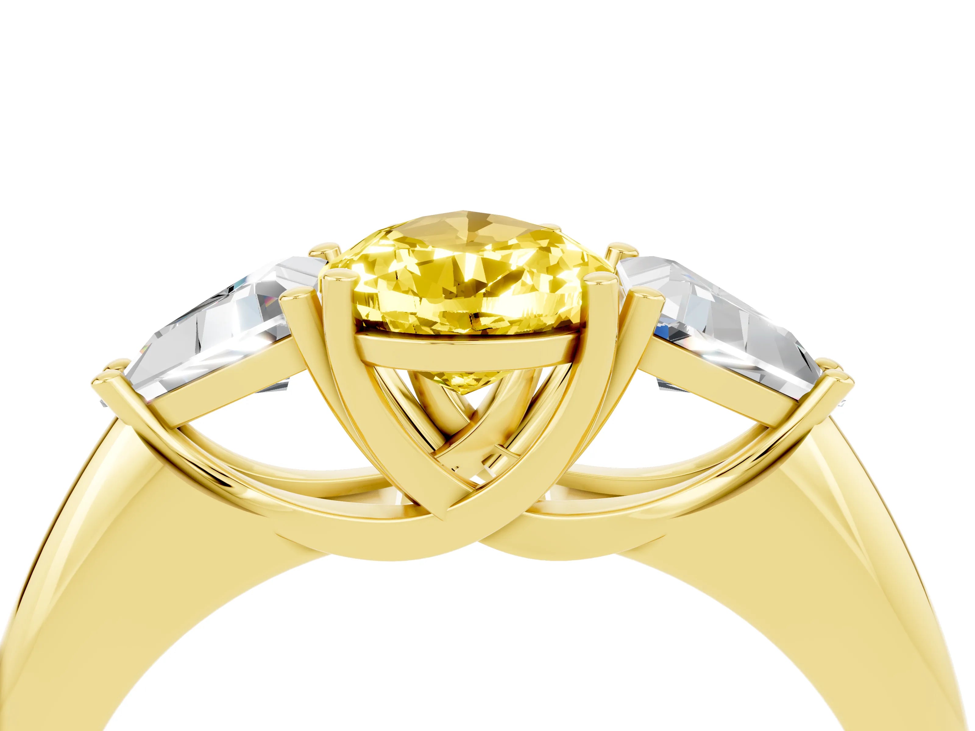 Yellow gold Three-Stone Pear Cut Cut Diamond Ring with Trillion Side Stones and Four-Prong Setting_4