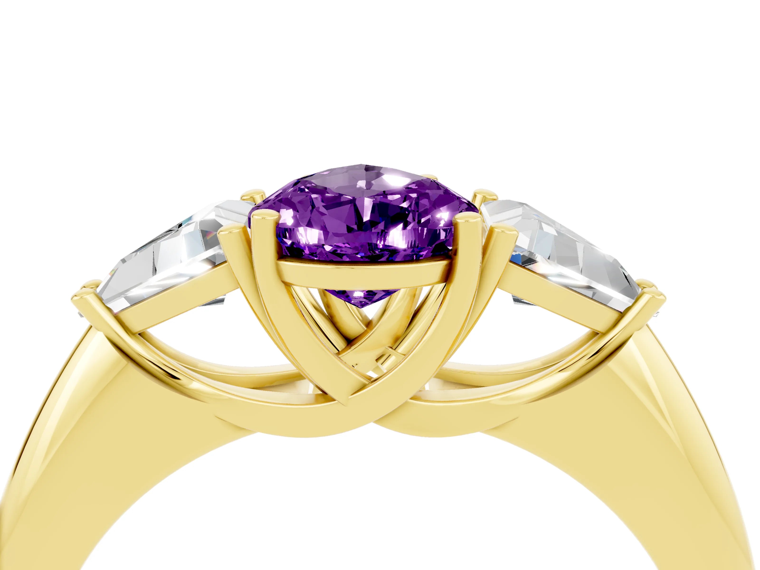 Yellow gold Three-Stone Pear Cut Cut Diamond Ring with Trillion Side Stones and Four-Prong Setting_4