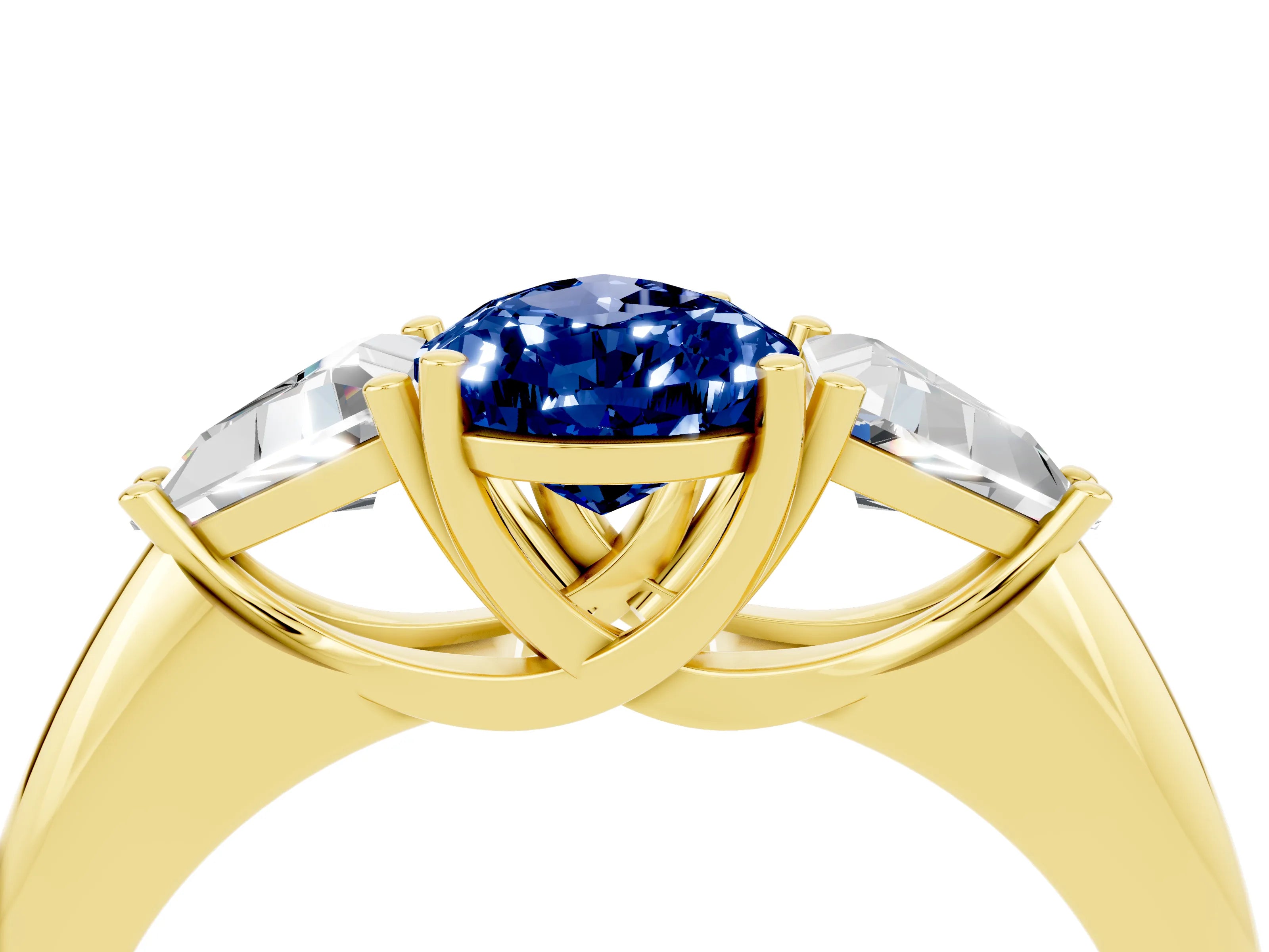 Yellow gold Three-Stone Pear Cut Cut Diamond Ring with Trillion Side Stones and Four-Prong Setting_4