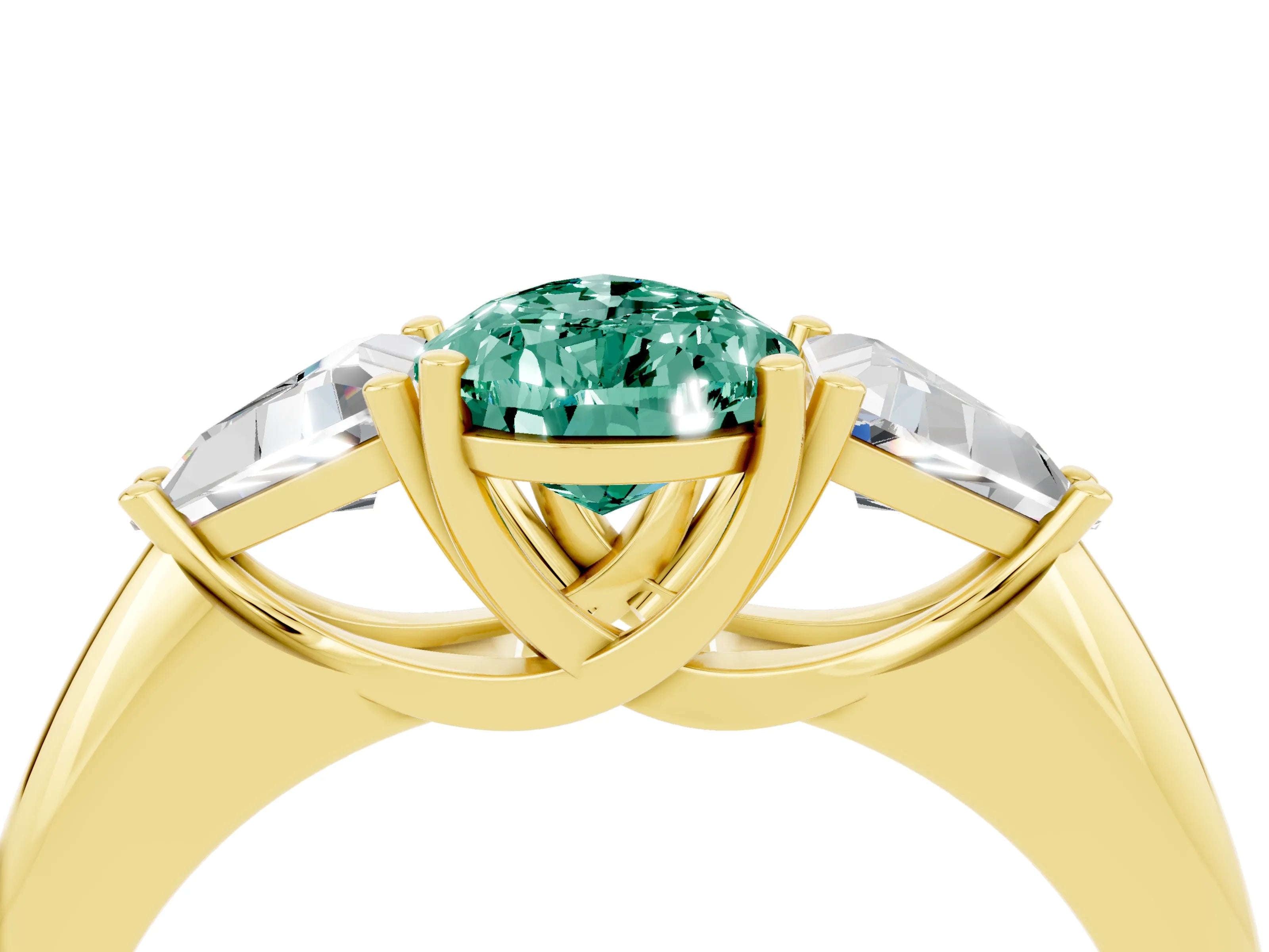 Yellow gold Three-Stone Pear Cut Cut Diamond Ring with Trillion Side Stones and Four-Prong Setting_4