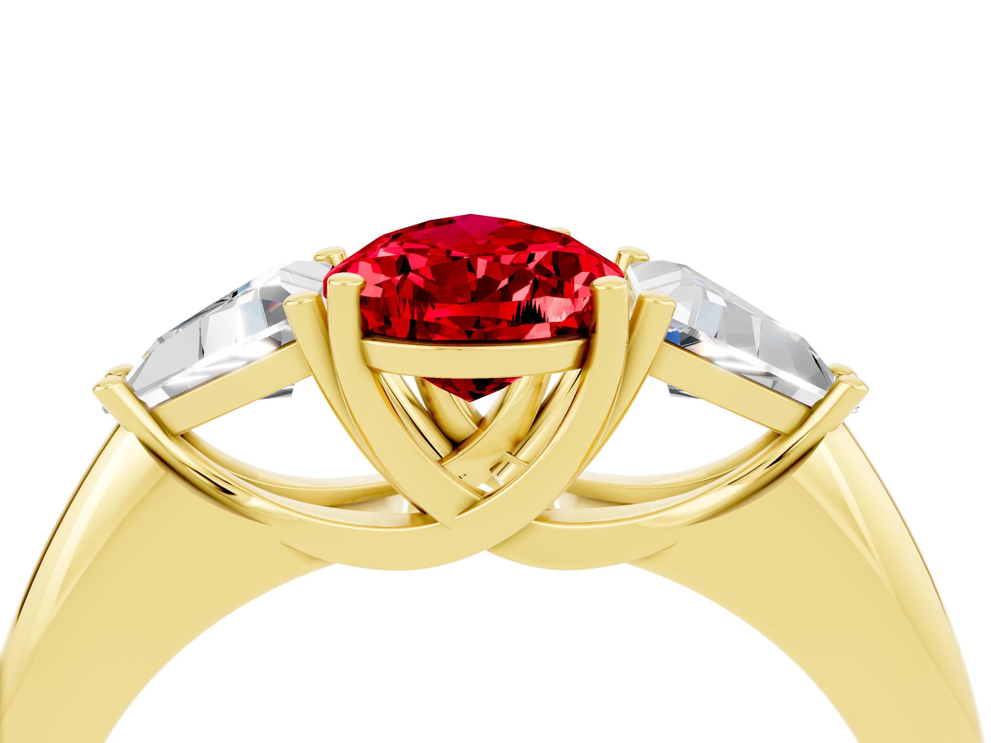 Yellow gold Three-Stone Pear Cut Cut Diamond Ring with Trillion Side Stones and Four-Prong Setting_4