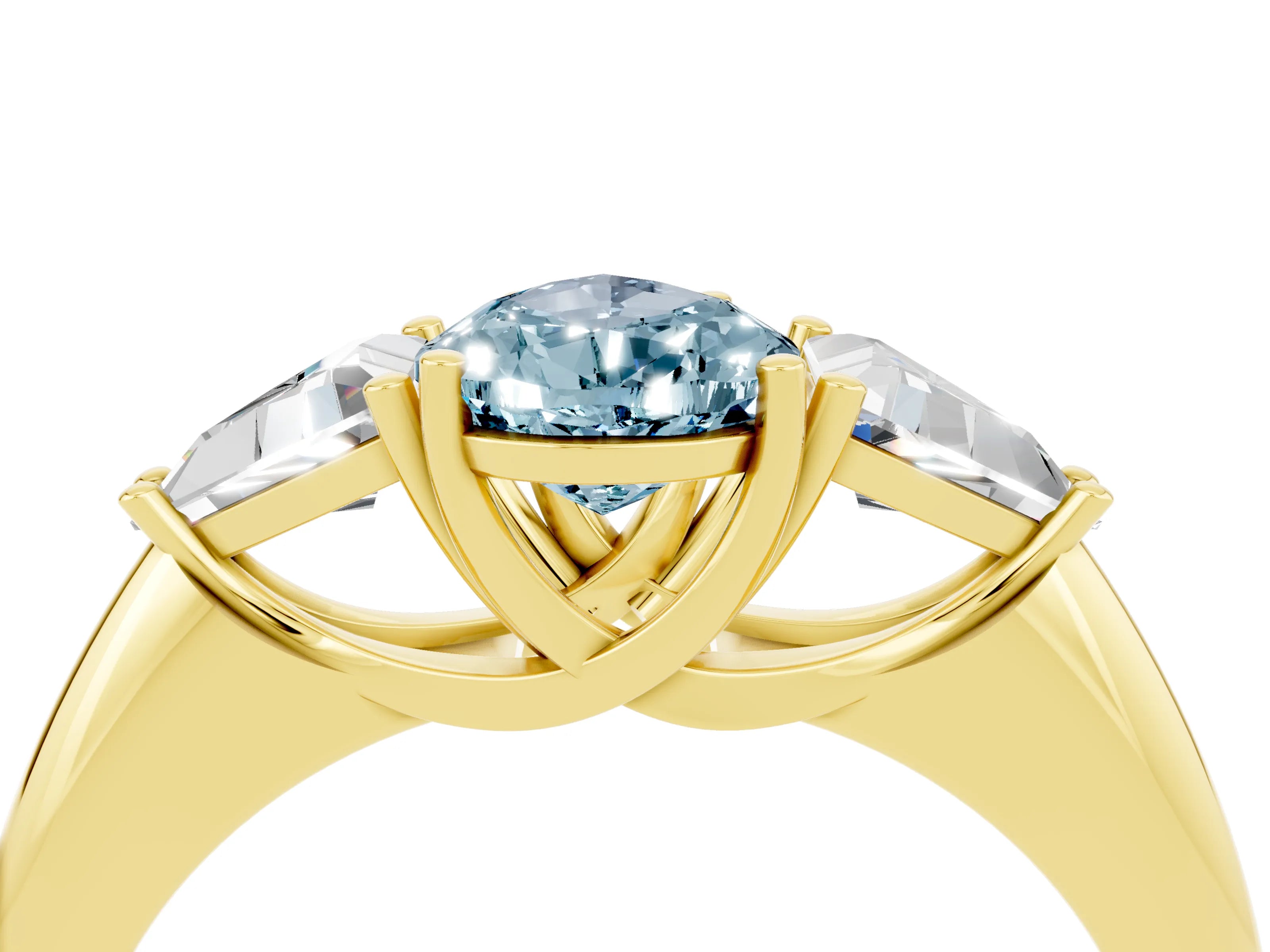 Yellow gold Three-Stone Pear Cut Cut Diamond Ring with Trillion Side Stones and Four-Prong Setting_4