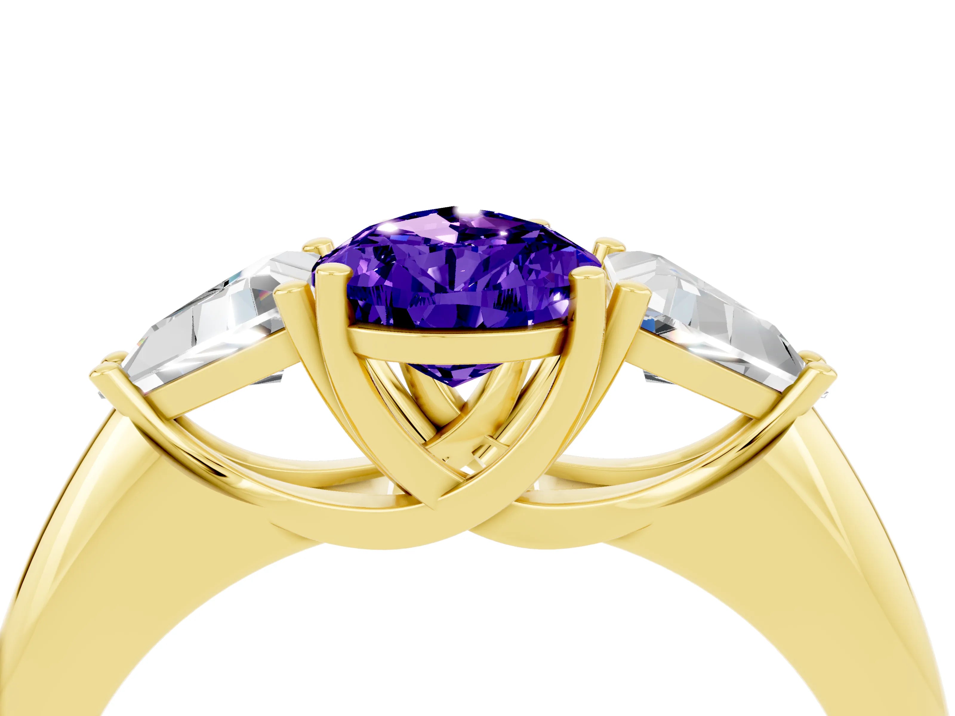Yellow gold Three-Stone Pear Cut Cut Diamond Ring with Trillion Side Stones and Four-Prong Setting_4