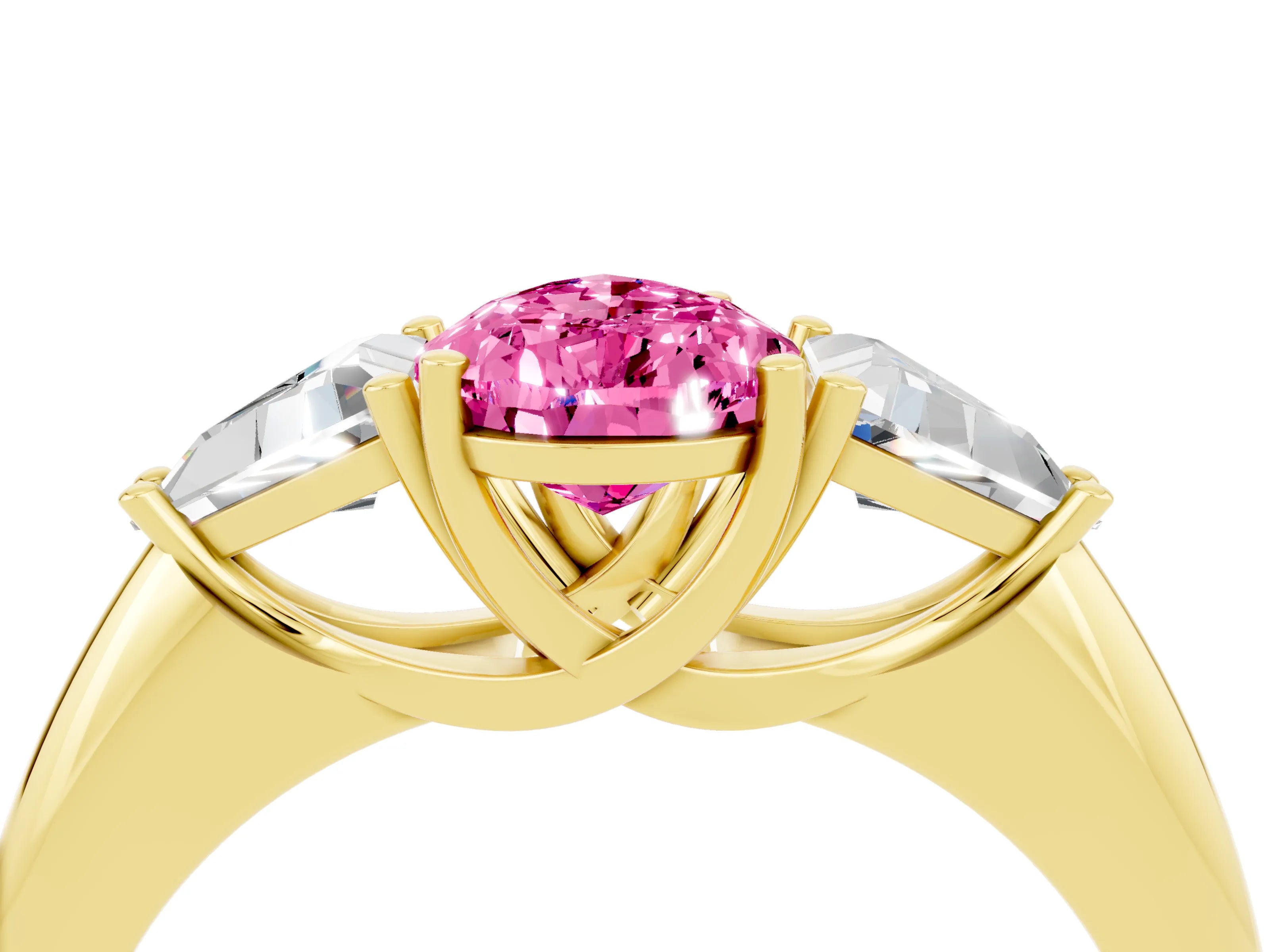Yellow gold Three-Stone Pear Cut Cut Diamond Ring with Trillion Side Stones and Four-Prong Setting_4