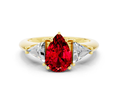 Yellow gold Three-Stone Pear Cut Cut Diamond Ring with Trillion Side Stones and Four-Prong Setting