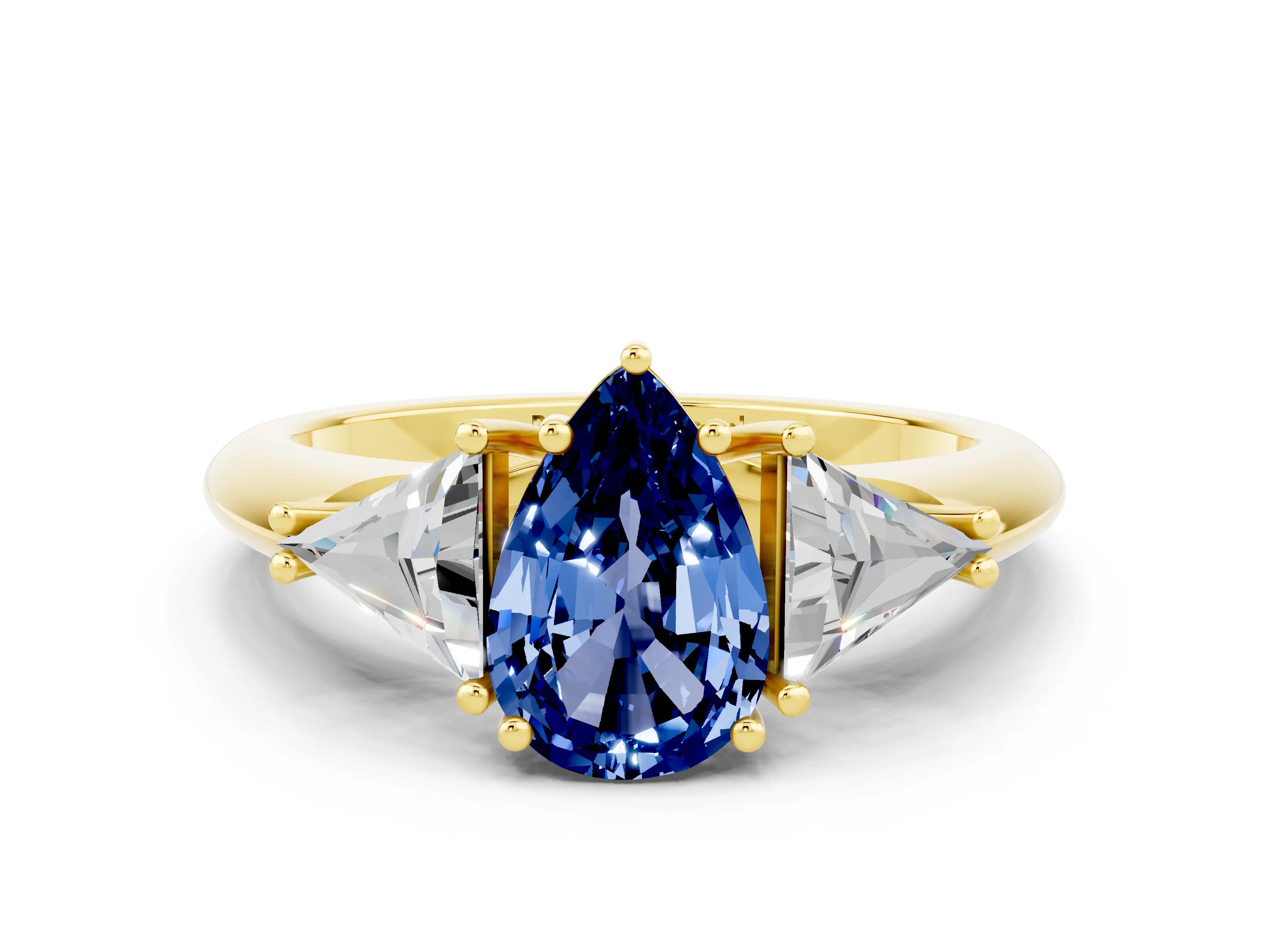 Yellow gold Three-Stone Pear Cut Cut Diamond Ring with Trillion Side Stones and Four-Prong Setting