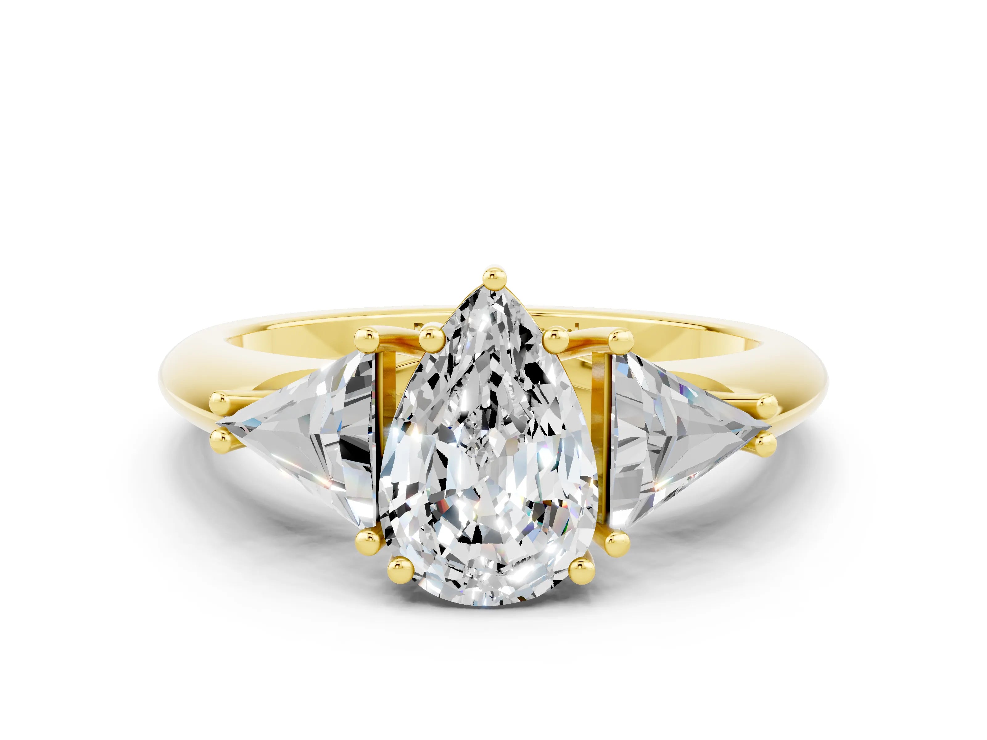 Yellow gold Three-Stone Pear Cut Cut Diamond Ring with Trillion Side Stones and Four-Prong Setting