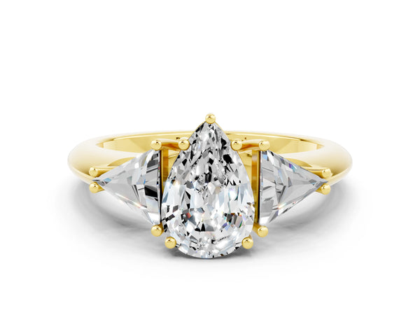 Yellow gold Three-Stone Pear Cut Moissanite Engagement Ring with Trillion Side Stones and Prong Setting
