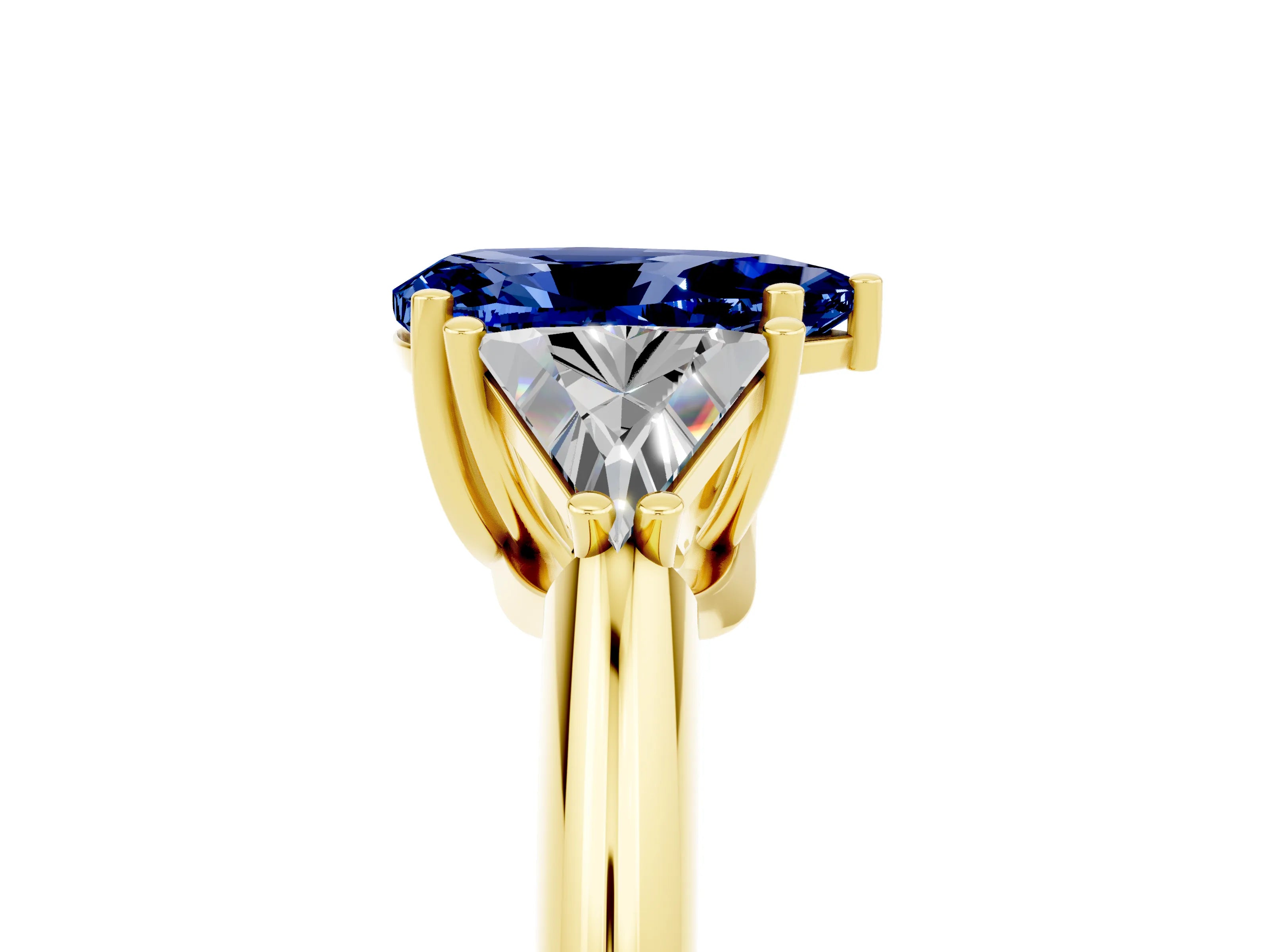 Yellow gold Three-Stone Pear Cut Cut Diamond Ring with Trillion Side Stones and Four-Prong Setting_5