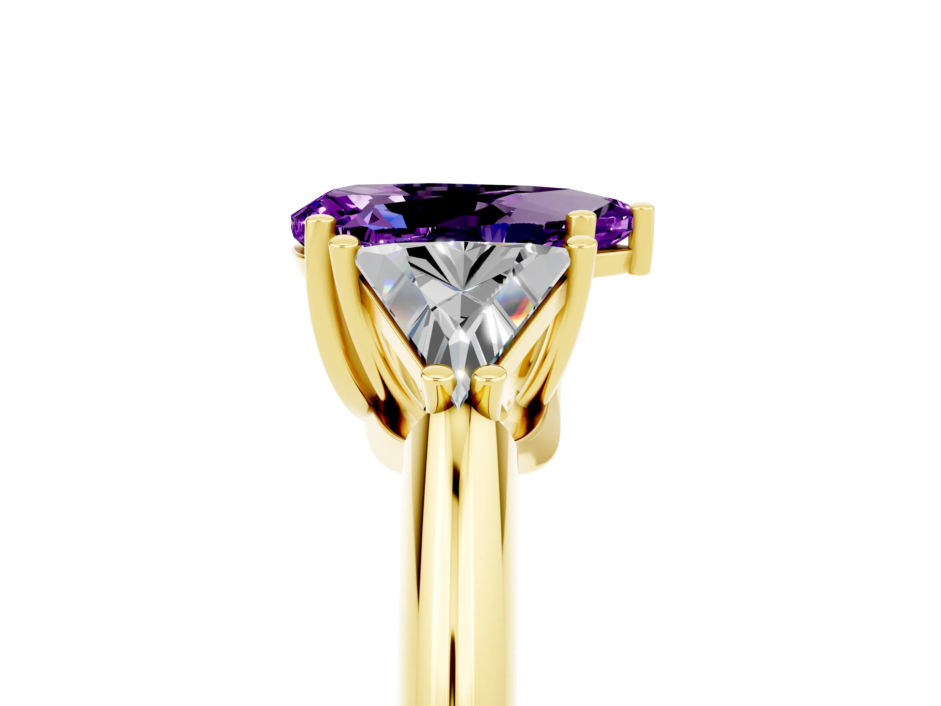 Yellow gold Three-Stone Pear Cut Cut Diamond Ring with Trillion Side Stones and Four-Prong Setting_5