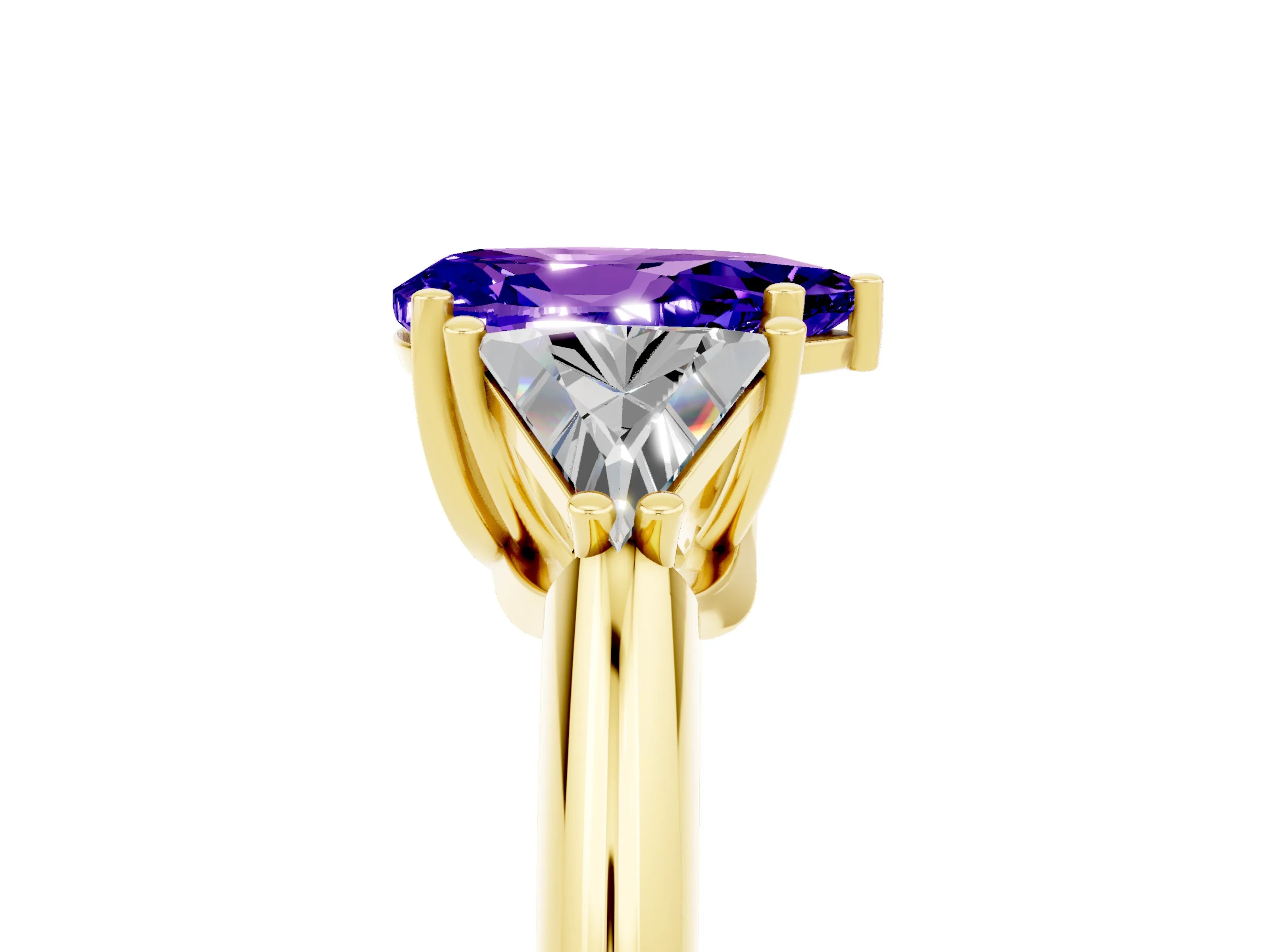Yellow gold Three-Stone Pear Cut Cut Diamond Ring with Trillion Side Stones and Four-Prong Setting_5