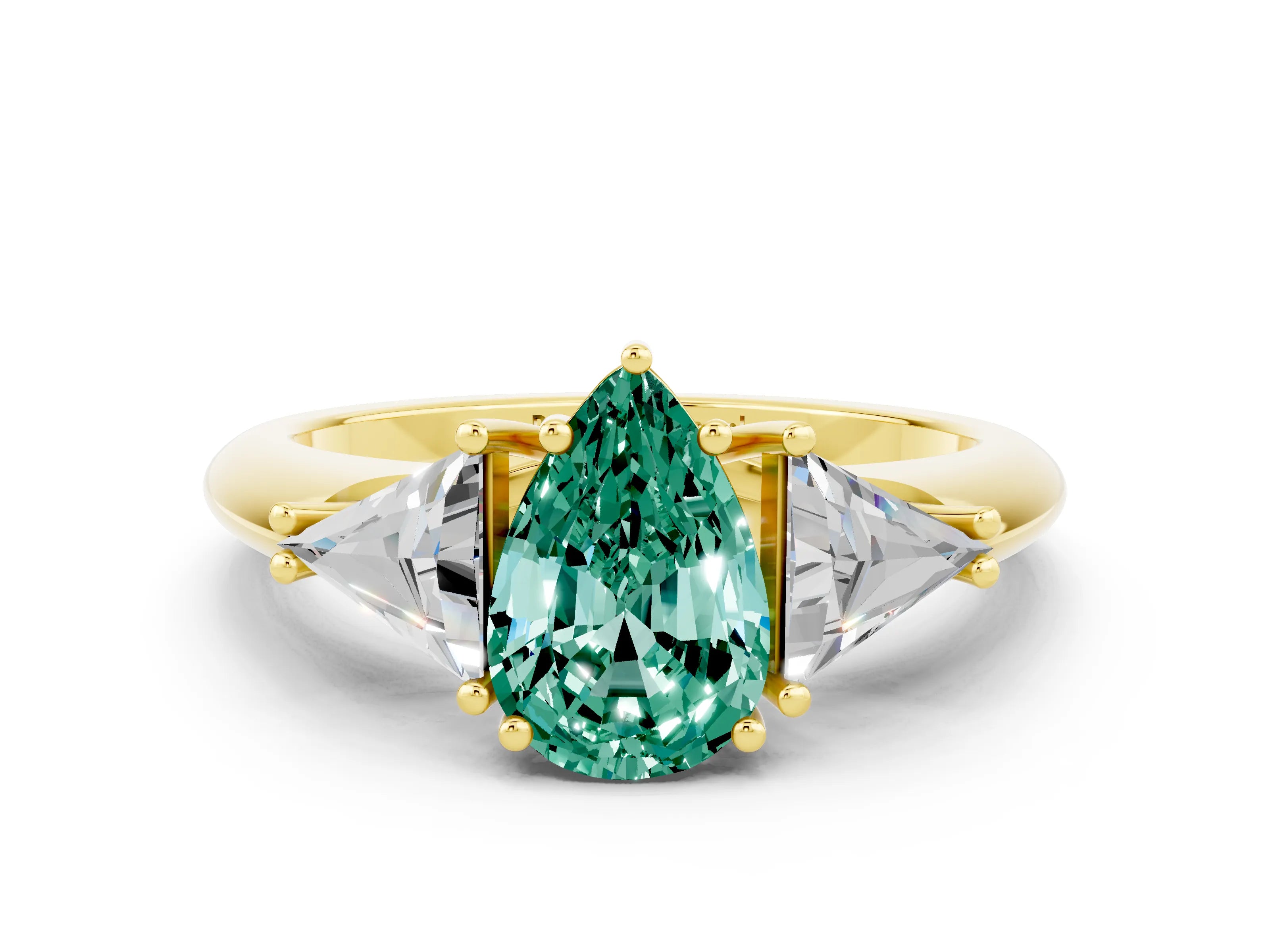 Yellow gold Three-Stone Pear Cut Cut Diamond Ring with Trillion Side Stones and Four-Prong Setting