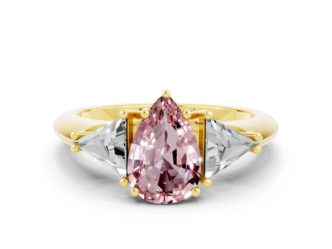 Yellow gold Three-Stone Pear Cut Cut Diamond Ring with Trillion Side Stones and Four-Prong Setting