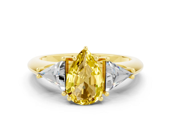 Yellow gold Three-Stone Pear Cut Yellow Sapphire Engagement Ring with Trillion Side Stones and Prong Setting