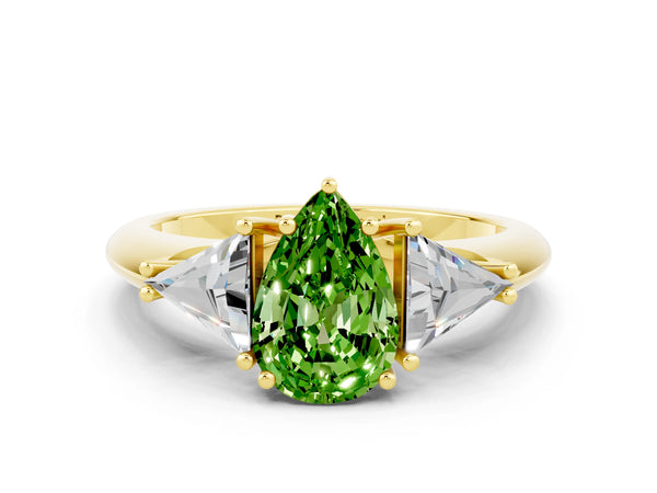 Yellow gold Three-Stone Pear Cut Cut Diamond Ring with Trillion Side Stones and Four-Prong Setting