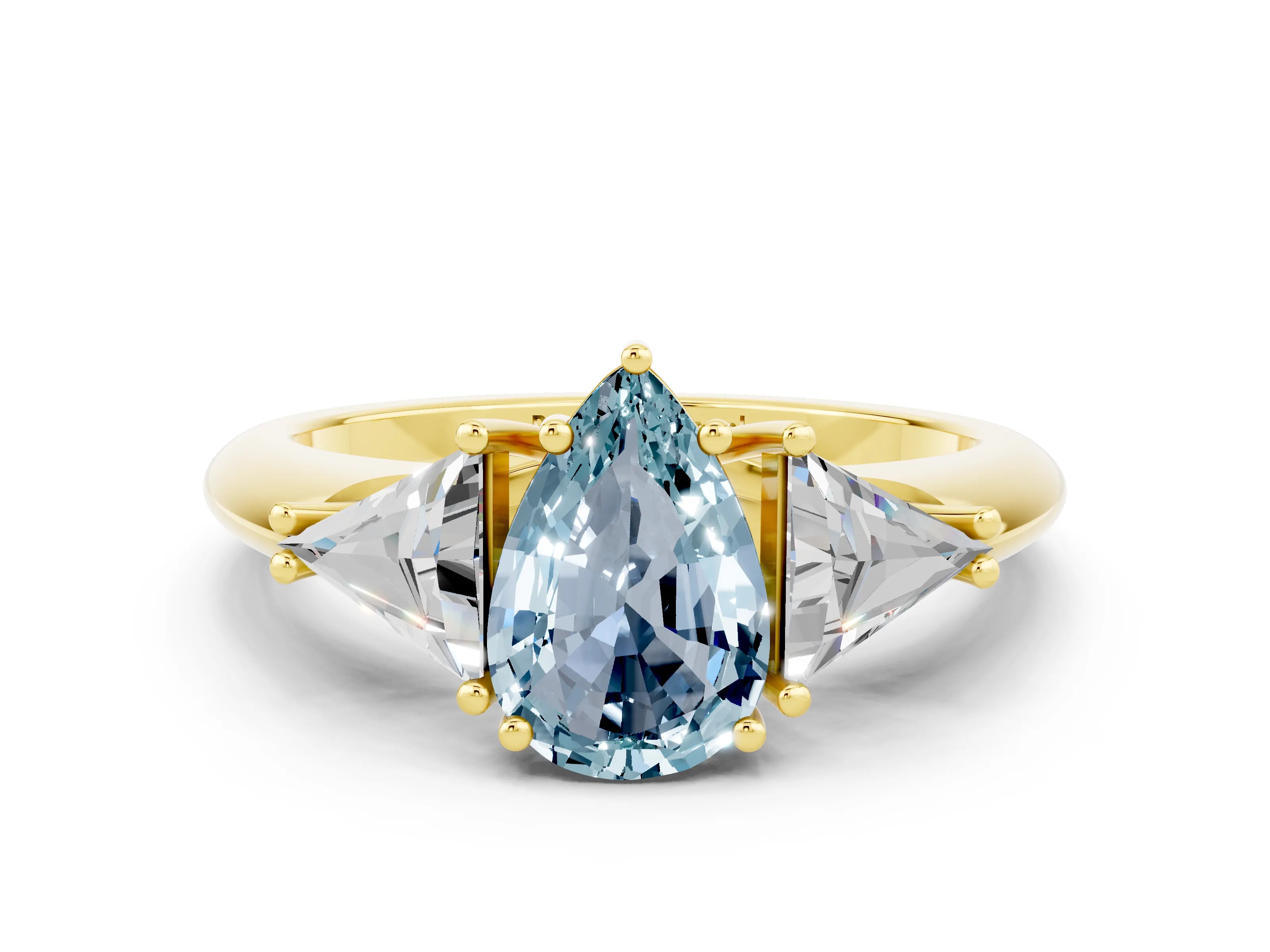 Yellow gold Three-Stone Pear Cut Cut Diamond Ring with Trillion Side Stones and Four-Prong Setting