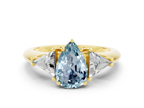 Yellow gold Three-Stone Pear Cut Cut Diamond Ring with Trillion Side Stones and Four-Prong Setting