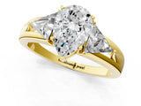 Yellow gold Three-Stone Pear Cut Cut Diamond Ring with Trillion Side Stones on a Split Shank Band_10