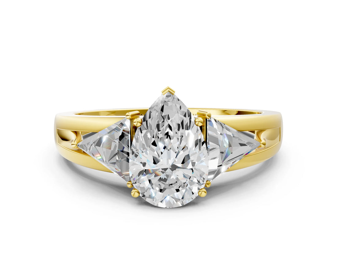 Yellow gold Three-Stone Pear Cut Cut Diamond Ring with Trillion Side Stones on a Split Shank Band_9