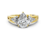 Yellow gold Three-Stone Pear Cut Cut Diamond Ring with Trillion Side Stones on a Split Shank Band_9