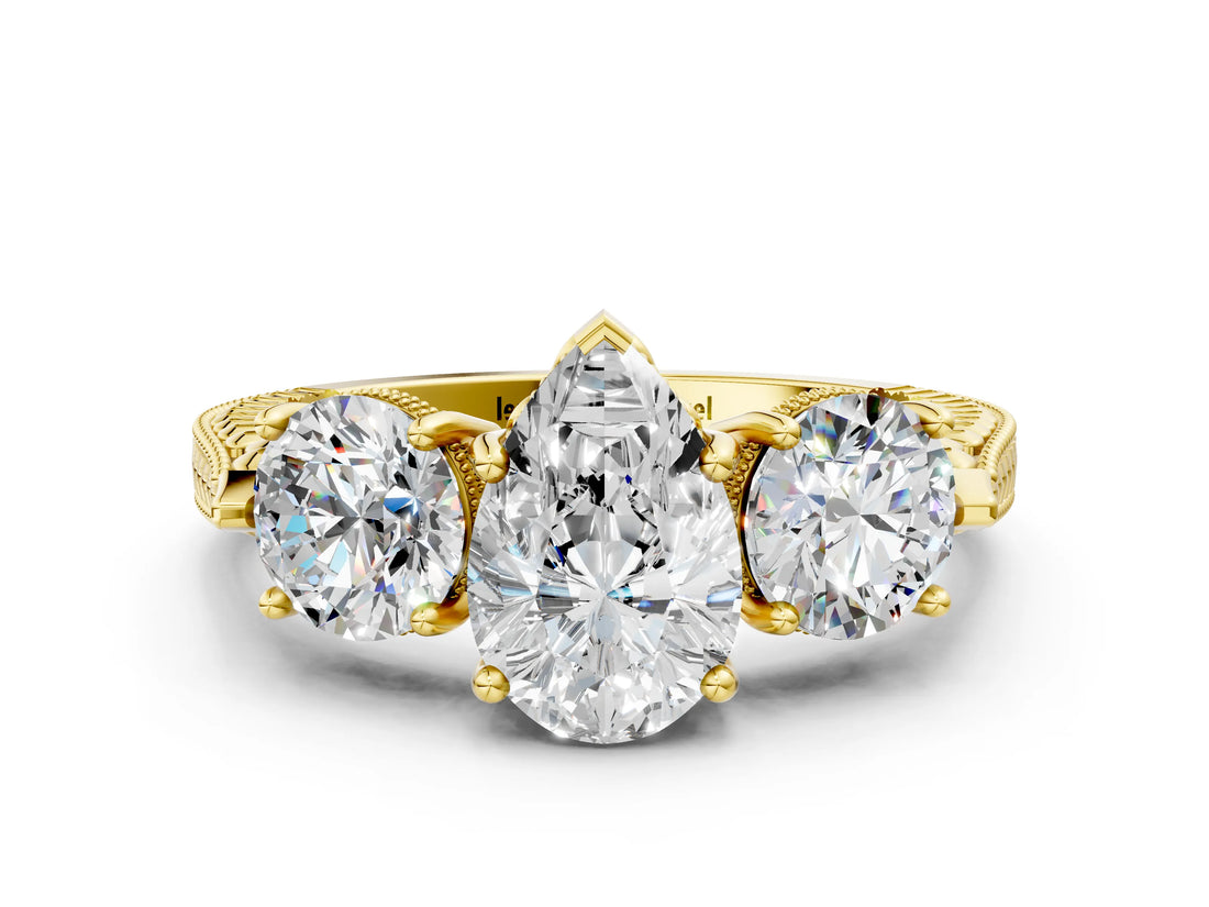Yellow gold Three-Stone Pear Cut Cut Milgrain Band Prong Setting Ring_13