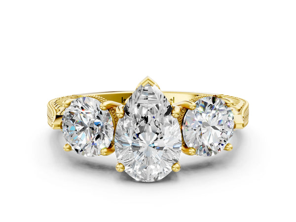 Yellow Gold Pear-Shaped Vintage Three Stone Engagement Ring Setting