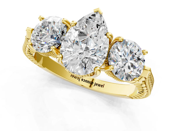 Yellow Gold Pear-Shaped Vintage Three Stone Engagement Ring Setting