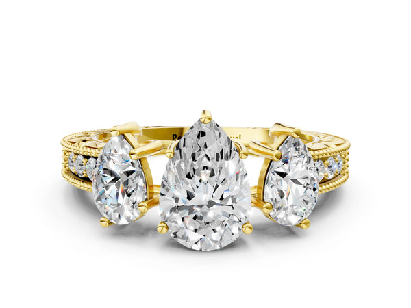 Yellow Gold Pear-Shaped Vintage Three Stone Engagement Ring Setting with Milgrain Pave Band