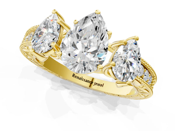 Yellow Gold Pear-Shaped Vintage Three Stone Engagement Ring Setting with Milgrain Pave Band