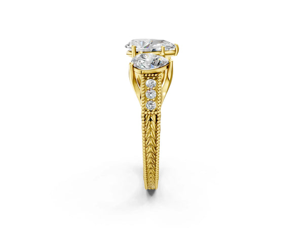 Yellow Gold Pear-Shaped Vintage Three Stone Engagement Ring Setting with Milgrain Pave Band