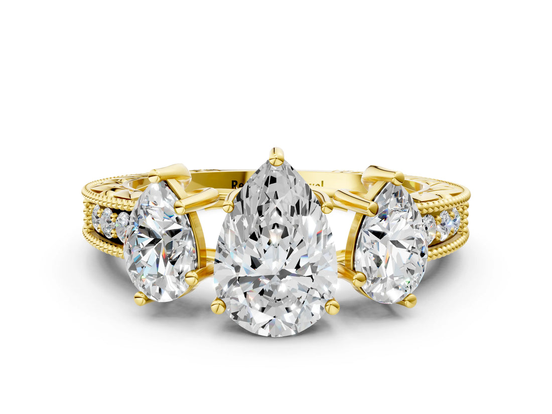 Yellow gold Three-Stone Pear Cut Cut Milgrain Pavé Engagement Ring_3