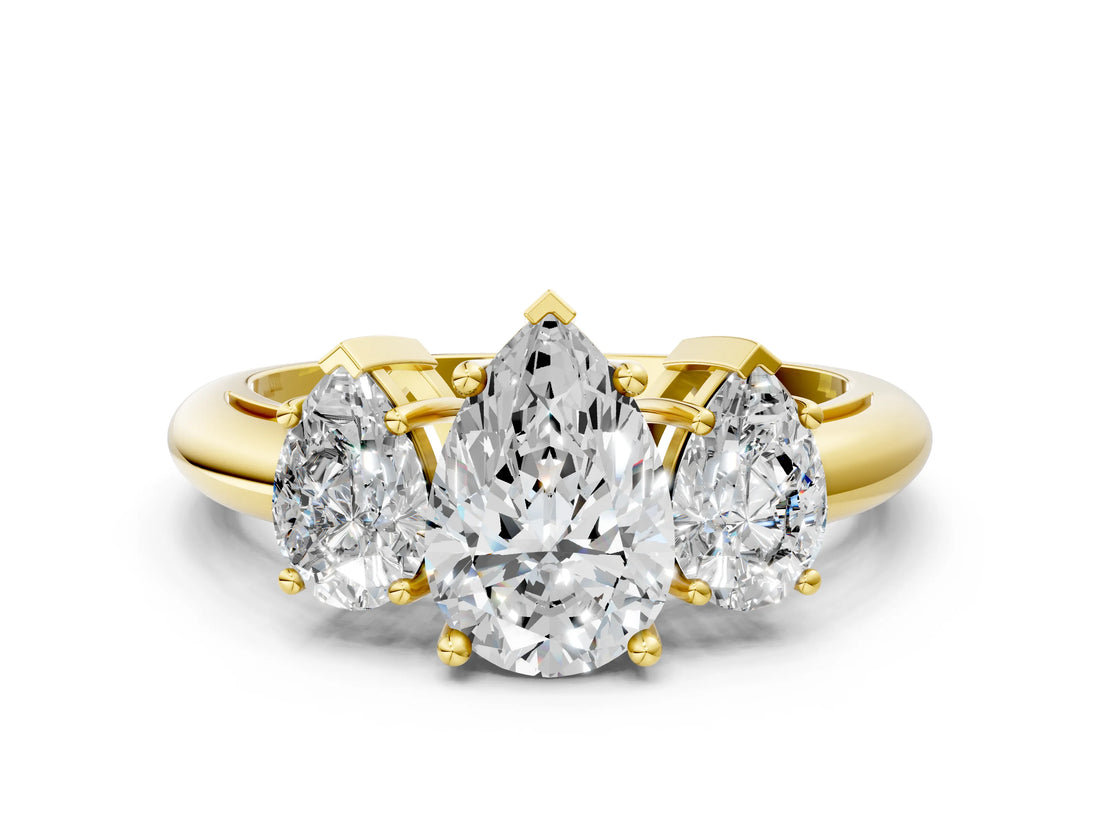 Yellow gold Three-Stone Pear Cut Diamond Engagement Ring with Prong Setting on a White Gold Band_6