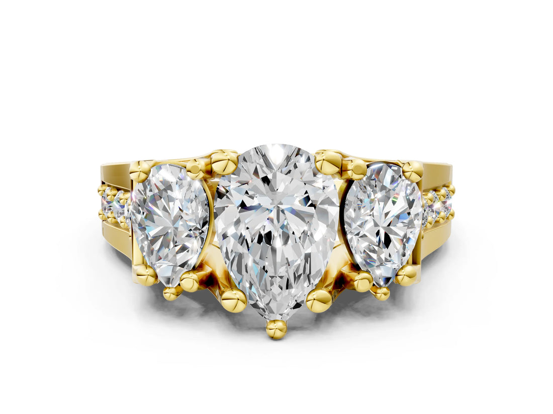 Yellow gold Three-Stone Pear Cut Diamond Ring with Channel-Set Band and Four-Prong Setting_61