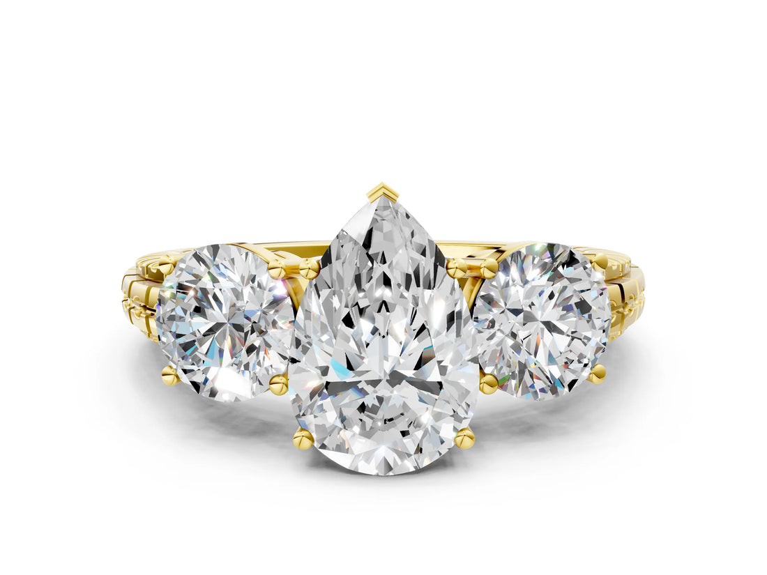 Yellow gold Three-Stone Pear Cut Diamond Ring with Channel-Set Band and Prong Setting_6