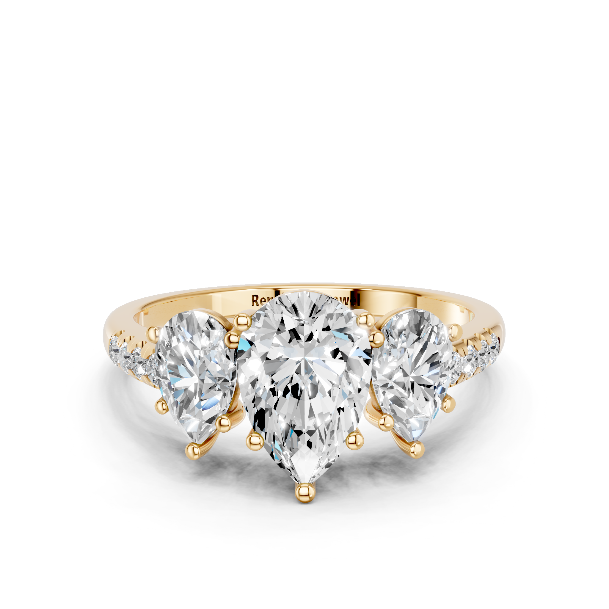 Yellow gold Three-Stone Pear Cut Diamond Ring with Pavé Band and Prong Setting_12
