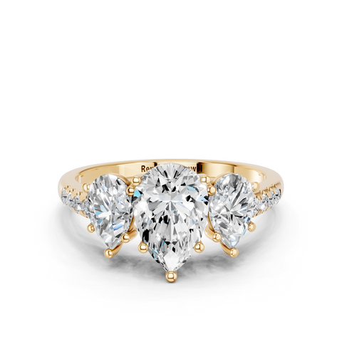 Yellow gold Three-Stone Pear Cut Diamond Ring with Pavé Band and Prong Setting_12