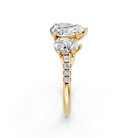 Yellow gold Three-Stone Pear Cut Diamond Ring with Pavé Band and Prong Setting_5