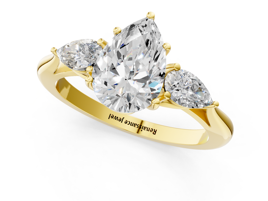 Yellow gold Three-Stone Pear Cut Diamond Ring with Pear Side Stones in Four-Prong Setting