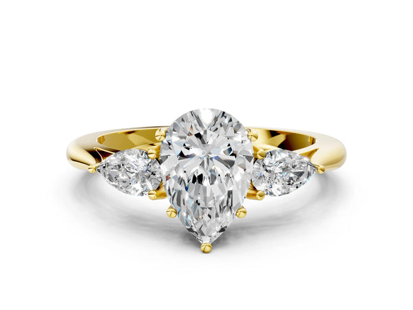 Yellow gold Three-Stone Pear Cut Diamond Ring with Pear  Side Stones in Four-Prong Setting
