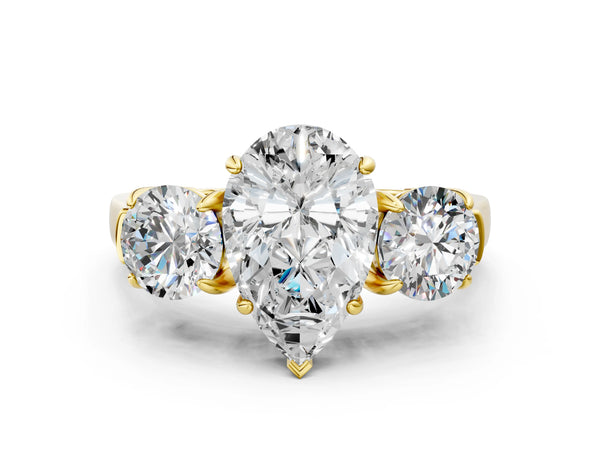 Yellow gold Three-Stone Pear Cut Diamond Ring with Round Accent Stones, Prong Setting, and Classic Band